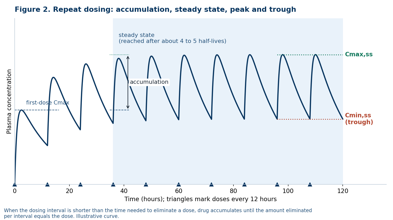 Figure 2. Repeat dosing: accumulation until steady state, then a stable oscillation between Cmax,ss and Cmin,ss (the trough).